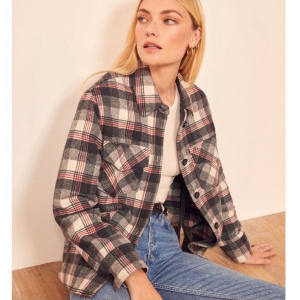Reformation Woodside Wool Plaid Shirt Jacket With Pockets